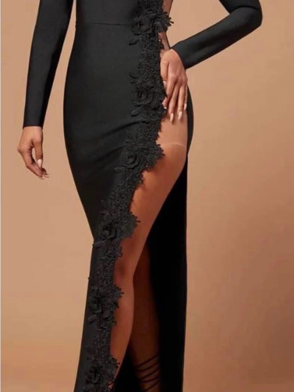 Black Long Sleeve Gown with Floral Lace Side Slit